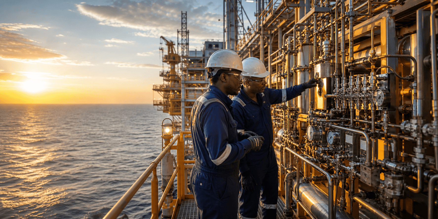Engineers inspecting fluid system instrumentation on an offshore facility